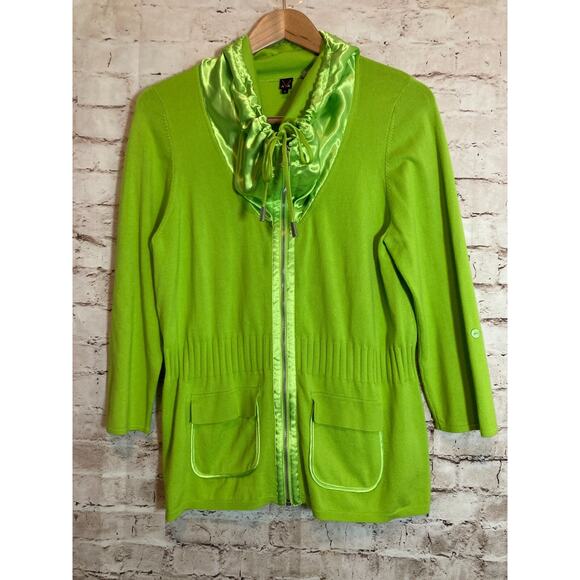 AVA Sweater Womens Large Neon Green Full Front Zip Up Satin Cowl Neck Cardigan - Picture 1 of 12